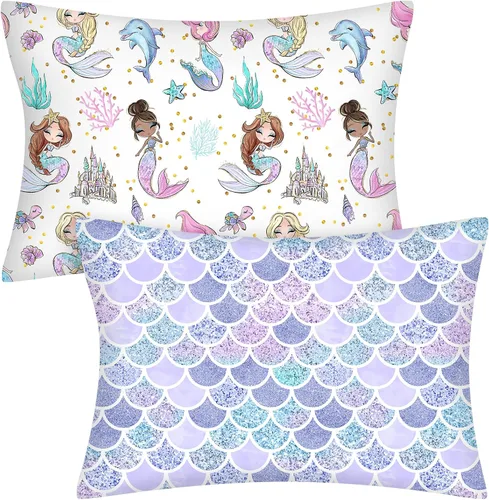 Miniatura 8 de Ganeen 2 fundas de almohada de sirena para niños pequeños, tamaño 14 x 19 pulgadas, se adapta a 12 x 16 pulgadas o 13 x 18 pulgadas, funda