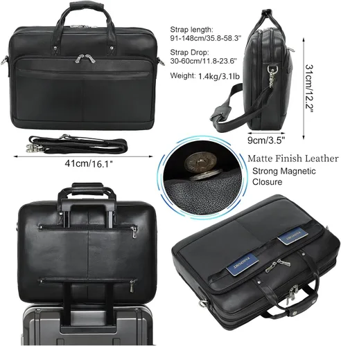 Miniatura 3 de Masa Kawa Maletín de cuero para hombre de 17/15.6" con bandolera para laptop, bolsa de hombro con mensajero para negocios, viaje, trabajo, estuche