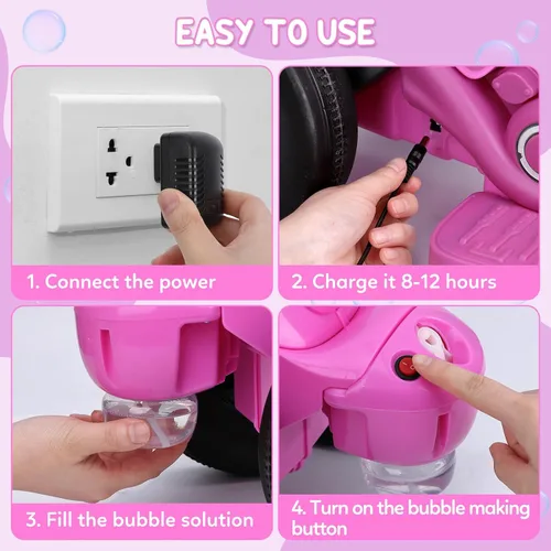 Miniatura 6 de Hetoy - Coche de burbujas para niños, motocicleta eléctrica de 6 V con batería de 1.9 MPH de velocidad con faros LED, música, pedal, Rosa