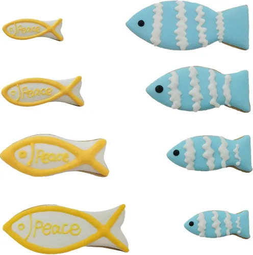 Miniatura 7 de Juego de 8 cortadores de galletas en forma de pez, cortadores de fondant de pescado de Jesús de acero inoxidable