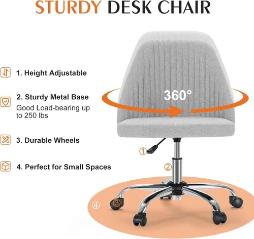 Miniatura 4 de Simple Deluxe Silla de escritorio de oficina sin brazos, moderna y bonita, silla giratoria cómoda, sillas de oficina en casa con ruedas, altura Gris
