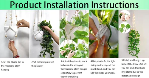 Miniatura 2 de Paquete de 2 colgadores de macramé para plantas con luces, cesta colgante para macetas de interior con cuentas de madera, soporte para macetas