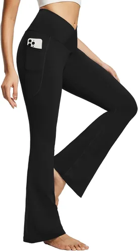 BALEAF Leggings acampanados para mujer, pantalones de yoga cruzados a la moda, cintura alta, casuales, con bolsillos