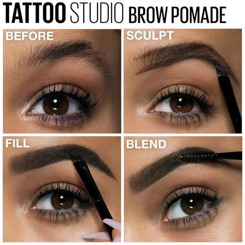 Miniatura 13 de Maybelline TattooStudio Pomada para cejas de larga duración, ajustable, maquillaje para cejas, marrón ceniza, 1 unidad 378 CENIZA MARRÓN