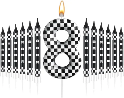 Miniatura 17 de 13 piezas de velas temáticas de coches de carreras para cumpleaños en negro y blanco con número de carrera 1 a cuadros, velas para tarta de coche