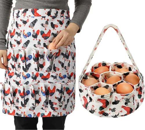 Miniatura 8 de 2 piezas de delantal de recolección de huevos, cesta de recolección de huevos de pollo con 7 bolsas de huevos frescos con 15 bolsillos