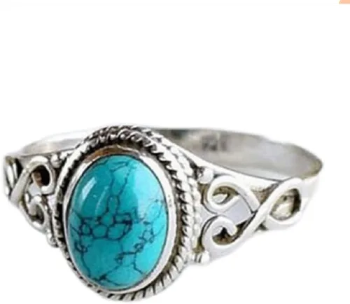 MAIHAO Anillo vintage de plata de ley 925 para mujer, corte ovalado, joyería bohemia natural, turquesa, piedra lunar, joyería de boda, talla 6-10