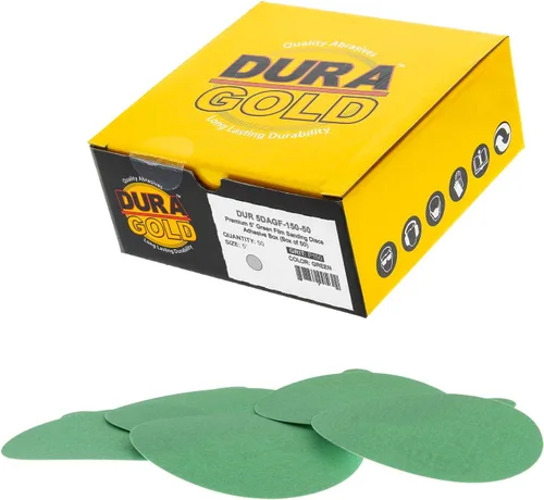 Miniatura 20 de Dura-Gold Discos de lija PSA de película verde de 5 pulgadas, grano 180 (caja de 50), discos de papel de lija autoadhesivos con parte trasera