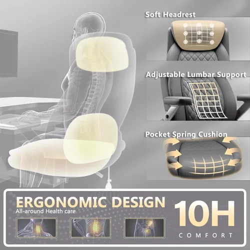 Miniatura 5 de Silla de oficina grande de 650 libras con brazos abatibles 5D, cómoda silla de escritorio ejecutiva grande y alta con cojín de resorte de bolsillo