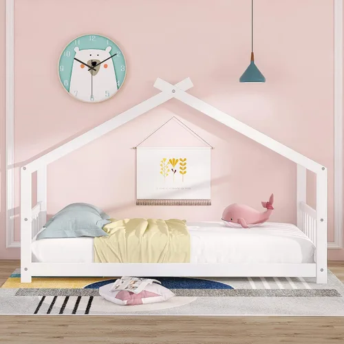 Miniatura 3 de Harper & Bright Designs Camas de casa para niños, cama Montessori de madera, cama individual para niños con cabecero y estribo, marco de cama Blanco