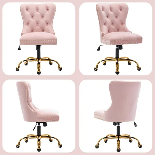 Miniatura 3 de Silla de escritorio de terciopelo para oficina en casa con ruedas y base dorada, cómoda silla de maquillaje copetuda para mujeres y niñas, silla