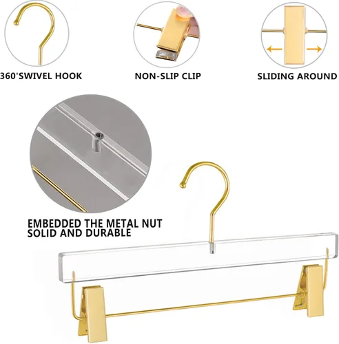 Miniatura 7 de Besser - Perchas acrílicas doradas, paquete de 10 perchas transparentes con gancho dorado, lujosas perchas para faldas y pantalones, clips