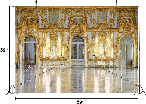 Miniatura 8 de BELECO Telón de fondo de tela de 5 x 3 pies para fotografía, Palacio de Catalina, Palacio Real, Salón de baile, tallas doradas, arco de pared