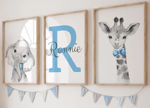Miniatura 16 de Animales de safari personalizados para habitación de bebé, niño, niña, cuarto de bebé, juego de 3 impresiones sin marco, nombre personalizado, gris