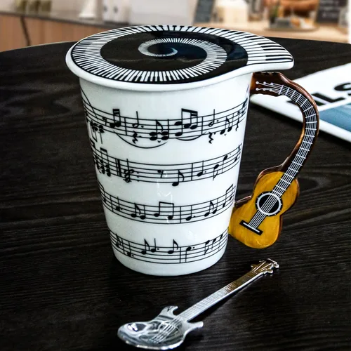 Miniatura 2 de Taza de Novedad de Guitarra Única Regalo Musical Taza de Café con Interesante Tapa Temática de Música y Diseño de Mango de Guitarra y Cuchara