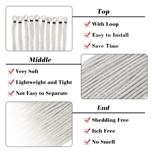 Miniatura 3 de Leeven Extensiones de rastas grises de 40 hebras de 18 pulgadas con terminación única hechas a mano, extensiones de rastas suaves de 0.6 cm