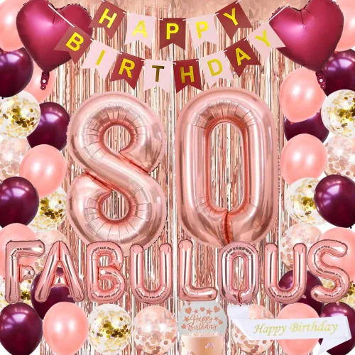 Decoraciones de cumpleaños número 80 para niñas y mujeres, pancarta de papel rosa burdeos, banda para decoración de pastel, globos de látex, vidrio