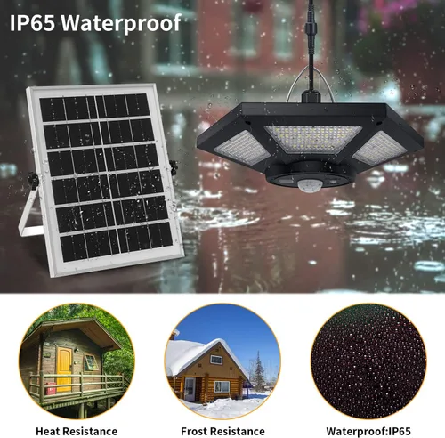 Miniatura 5 de Lámpara solar para cobertizo interior y exterior de 180 LED, lámpara colgante de doble cabezal alimentada por energía solar, luces de trabajo Negro