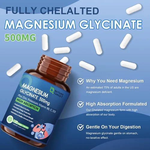 Miniatura 3 de NATURE TARGET Glicinato de Magnesio 500mg, Magnesio Quelado con Zinc y Vitamina D3 para Músculos, Nervios y Huesos, Apoya la Salud del Corazón