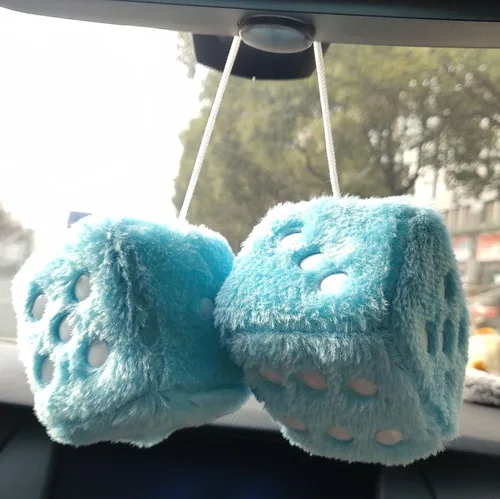 Miniatura 2 de Par de dados de felpa mullidos con espejo de puntos blancos y negros, de 3 pulgadas, adorno decorativo para colgar en coche de felpa suave en blanco