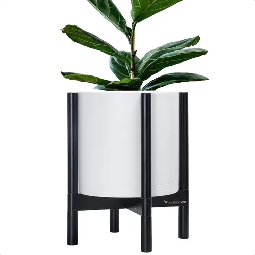 Miniatura 8 de Maceta de D'vine Dev con soporte - Maceta de flores de cilindro de plástico de 8.0 pulgadas con soporte de madera para interiores, maceta mate negra
