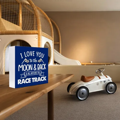 Miniatura 4 de Letrero de madera "I Love You To The Moon And Back And All Around The Race Track" para decoración de escritorio, letrero de caja con banderas a