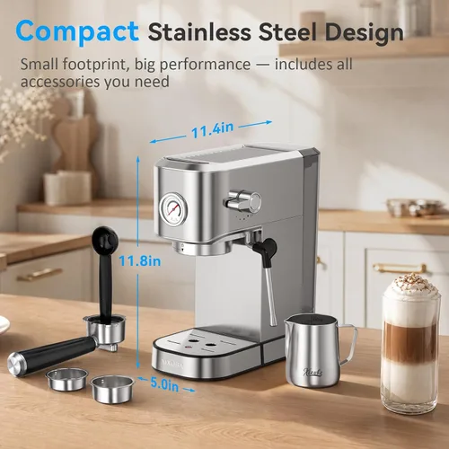 Miniatura 3 de XIXUBX Máquina de café espresso de 20 bares, compacta de acero inoxidable con espumador de leche y jarra de espuma de leche, cafetera para capuchino