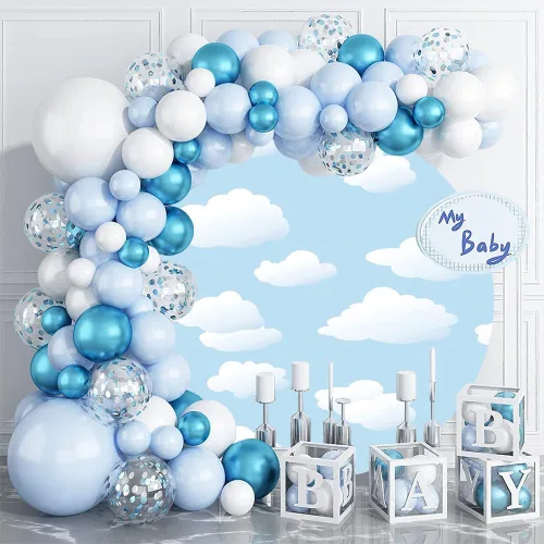Miniatura 3 de Telón de fondo redondo de 5 x 5 pies, diseño de cielo azul y nubes blancas, fondo de fotografía de círculo celestial de poliéster para niños, baby
