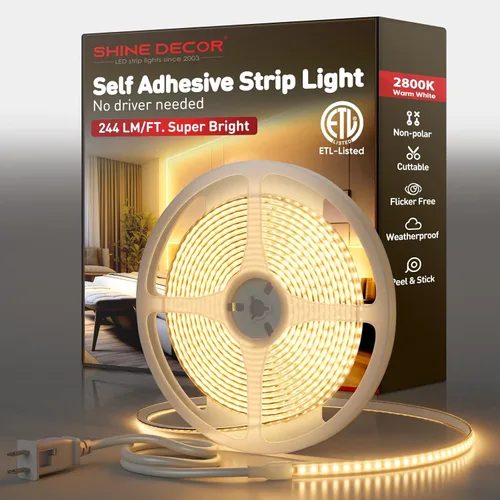 Shine Decor Tira de luz LED súper brillante de 4000LM, Plug & Play de 120V sin controlador, cableado fácil, sin parpadeo, resistente a la intemperie