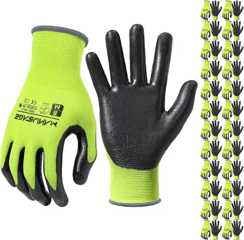MANUSAGE Guantes de trabajo de nitrilo, ajuste elástico cómodo 3D, agarre potente, pantalla táctil, revestimiento de espuma duradera, flexibles,