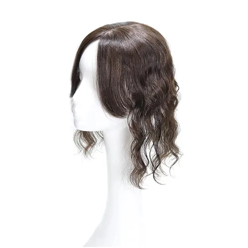Miniatura 3 de Peluca de cabello humano rizado tipo tupé para mujer con flequillo lateral/flecos que añaden volumen al cabello, base de seda de 5 x 5 pulgadas