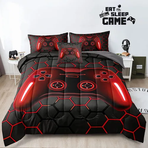 Miniatura 6 de Juego de ropa de cama gaming de 5 piezas tamaño twin para niños, juego de edredón gamer para niños, niñas, adolescentes, 5 piezas de ropa de cama