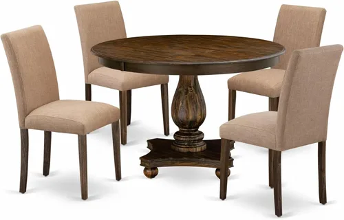 East West Furniture F2AB5-747 - Juego de muebles de comedor de 5 piezas, incluye una mesa de comedor redonda con pedestal y 4 sillas tapizadas de