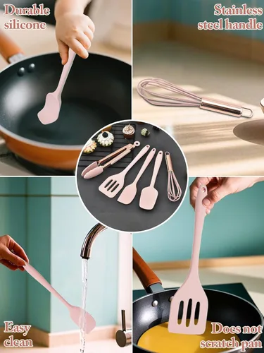 Miniatura 5 de Juego de utensilios de cocina, 5 piezas de mini utensilios de cocina de silicona, resistentes al calor, antiadherentes, juego de espátula sin BPA
