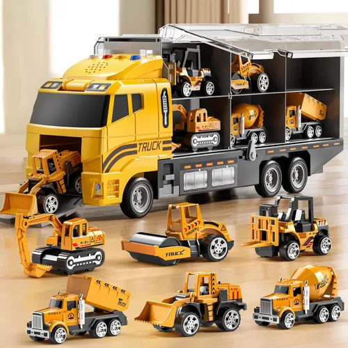 NIPLOOOW - Juego de vehículos de construcción para niños, camión de juguete con alfombra de juego y coche de juguete fundido a presión,