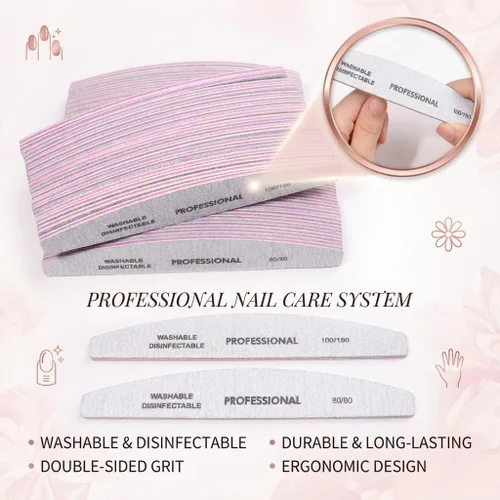 Miniatura 3 de 25 limas de uñas profesionales de media luna, grano 100/100 de doble cara, herramientas reutilizables para limar uñas naturales y acrílicas