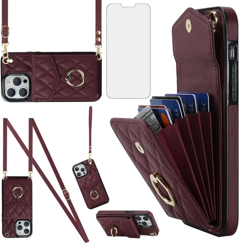 Asuwish Funda de teléfono para iPhone 14 Pro de 6.1 pulgadas, funda tipo cartera con protector de pantalla de vidrio templado, anillo cruzado, Rojo