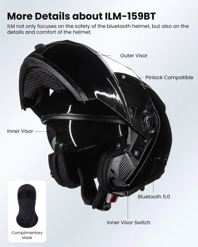 Miniatura 6 de ILM 159BT - Casco modular de motocicleta Bluetooth para 2-3 conductores, intercomunicador, cara completa, casco abatible DOT con máscara facial