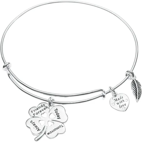 Miniatura 2 de Qina C Pulsera ajustable de plata de ley con 4 hojas de trébol de corazón con texto en inglés Forever Today Tomorrow, Plata de ley Plata