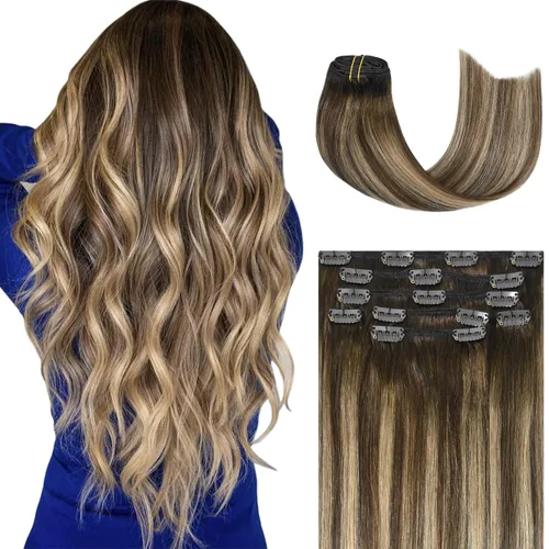Miniatura 39 de Honsoo Extensiones de cabello humano real de color marrón con pinzas, marrón castaño, 15 pulgadas, 70 g, 7 unidades, cabello lacio sedoso y marrón