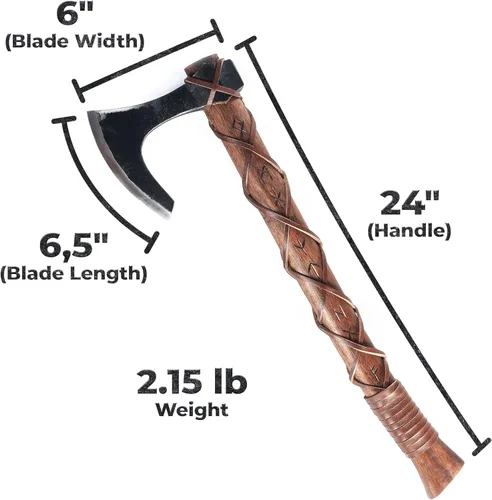 Miniatura 5 de Hacha de batalla vikingo a dos manos con cabeza de hacha barbuda Skegg de acero EN45, eje de madera de teca con runas nórdicas grabadas a mano - The
