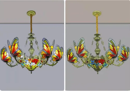 Miniatura 2 de Tiffany Style Candelabros con 7 luces de vidrieras de mariposa colgante con 6 pantallas de lámpara de mariposa, lámparas colgantes de techo rústicas