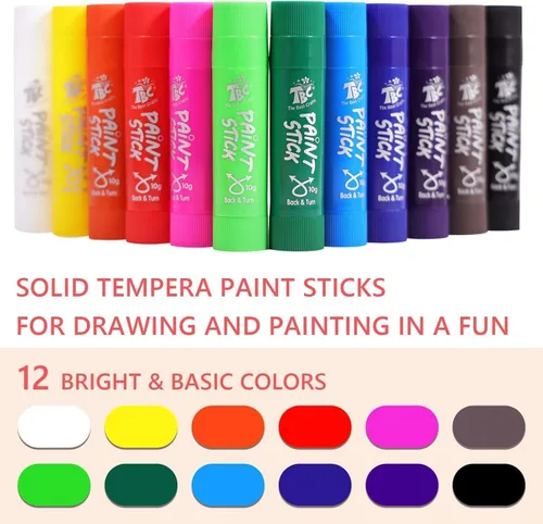 Miniatura 2 de TBC The Best Crafts Barras de pintura para niños de 2 a 8 años, 12 colores clásicos, lavables, no tóxicos, varillas de pintura al temple