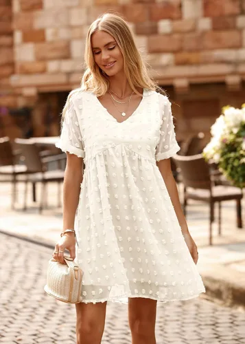 Miniatura 7 de KIRUNDO Vestido corto de manga corta de verano para mujer, vestido casual, suelto y con un cuello en V sexy, vestido holgado de punto suizo