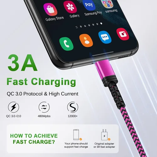 Miniatura 2 de Paquete de 3 cables Samsung de carga rápida USB tipo C de 10 pies para Samsung Galaxy S26 Ultra/A17 5G/A16/A56/S25FE/A15/A54/S24Plus/Z