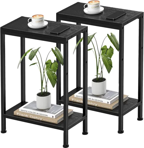 Miniatura 20 de Mesa auxiliar estrecha para espacios pequeños, mesa auxiliar delgada de 2 niveles, mesita de noche delgada, mesa de sofá delgada para aperitivos