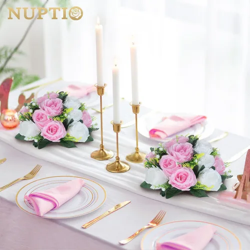 Miniatura 2 de NUPTIO Centros de mesa de flores para mesas de boda: arreglo de 6 piezas de flores artificiales rosas y blancas para bodas y fiestas - Rosas Rosa