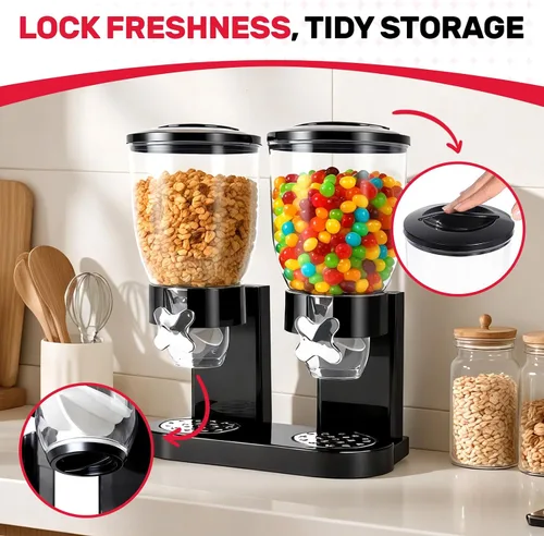 Miniatura 3 de Dispensador de cereales de doble control para encimera, paquete de 2 recipientes de cereales de 2 litros con tapas herméticas, dispensador giratorio