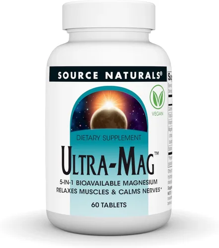 Source Naturals Ultra-Mag, magnesio biodisponible 5 en 1 - Relaja los músculos y calma los nervios* - 60 tabletas veganas
