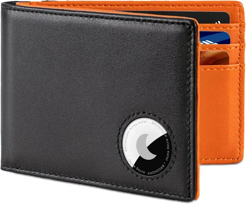 Miniatura 16 de Billetera AirTag para hombre, de piel auténtica plegable con bloqueo Rfid AirTag con ranuras para efectivo y ventana de identificación, compatible
